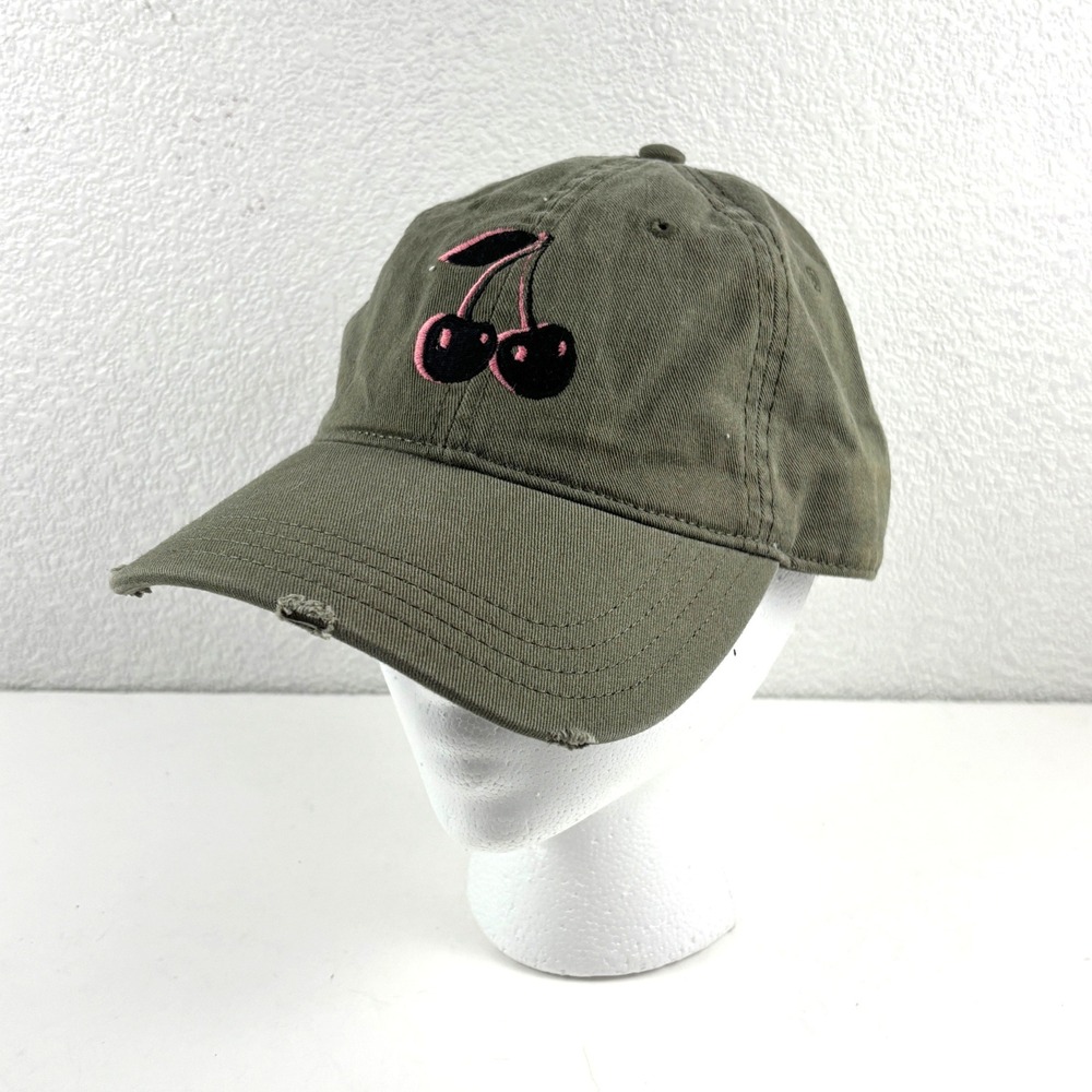 Aerie Cherry Embroidered Baseball Hat Womens OS Olive Green Distressed Coquette